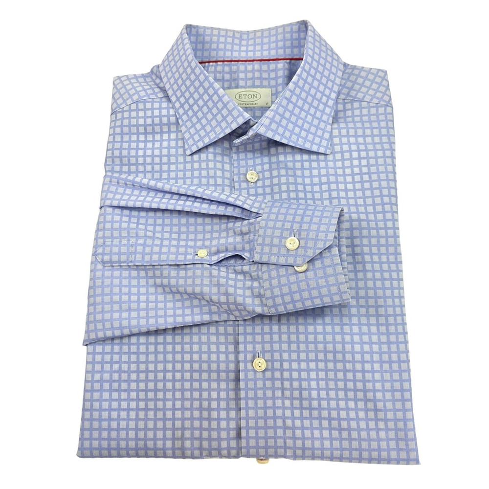 Quiet Luxury Eton Sweden Dress Shirt Mens 43 Light Blue Grid Cotton Europe - Picture 8 of 15